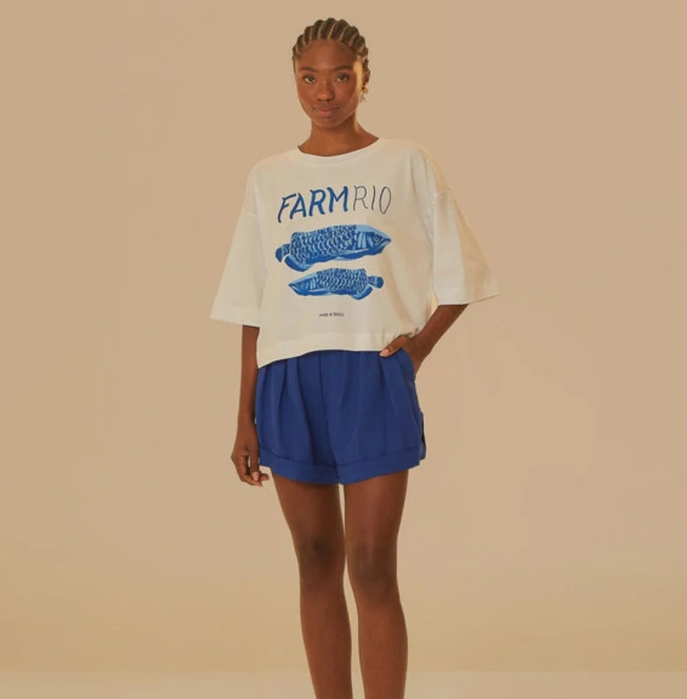 Farm Rio White And Blue Cotton Fish Brazil Oversized Tee L - Picture 2 of 8
